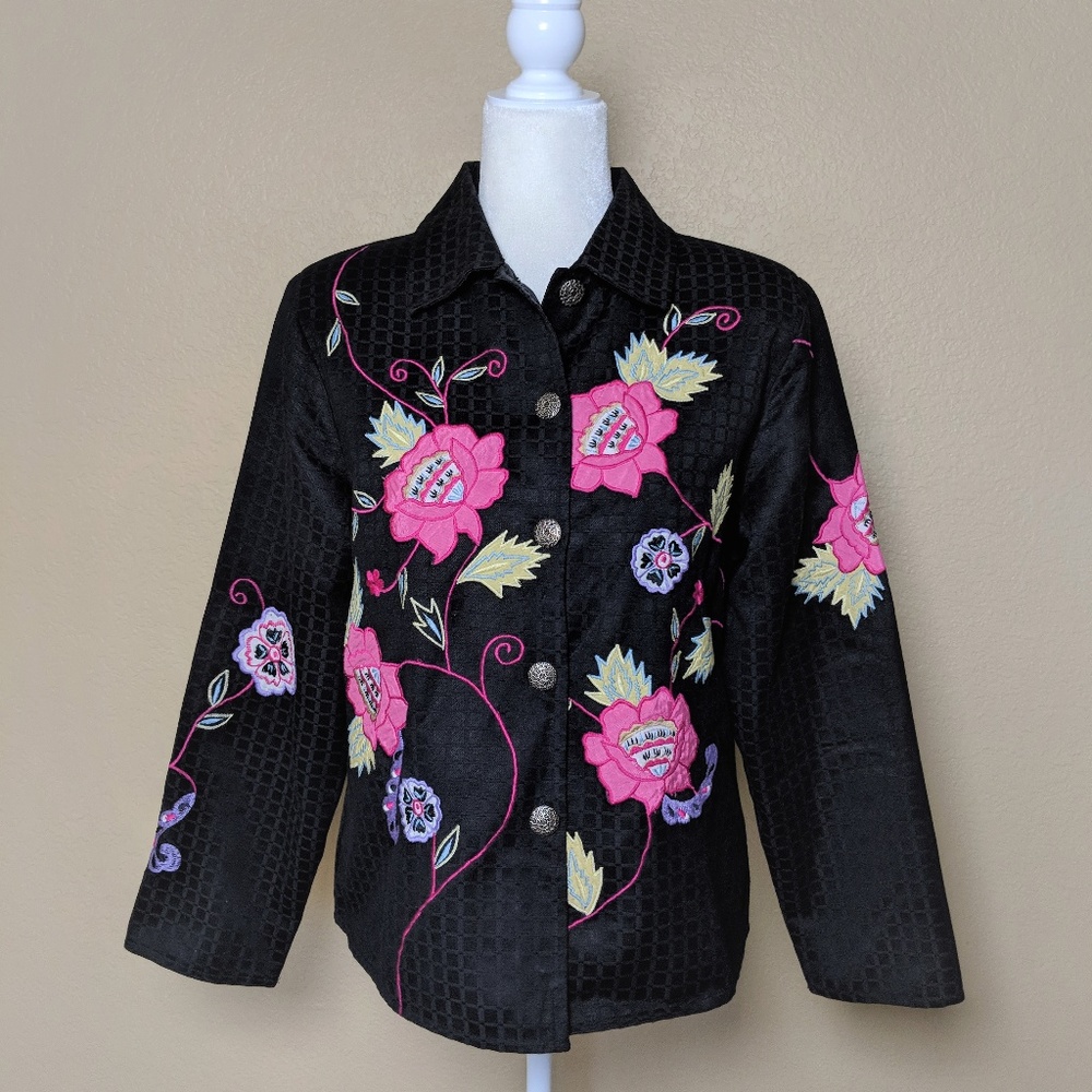 Black Pink Embroidered Floral Jacket -  Med